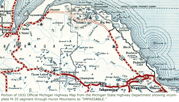 1932 Official Michigan Map showing M-35 through Huron Mountains