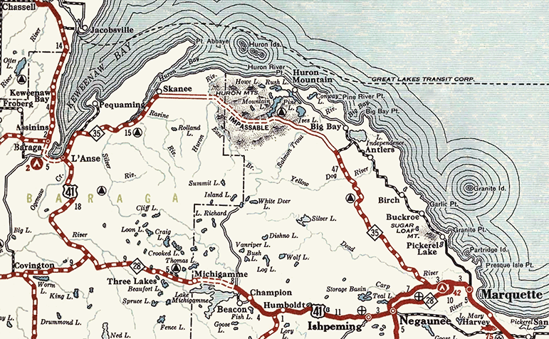 1932 Official Michigan Map showing M-35 through Huron Mountains