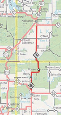 Locator map for M-66 modernization project between Lake City and Kalkaska, 1960s-70s