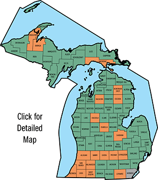 County map of Michigan showing state trunkline highway maintenace responsibilities.