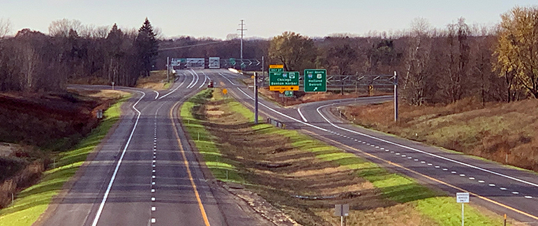 Final segment of US-31 looking northwest from Benton Center Rd overpass, November 9, 2022, the day before it opened to traffic.
