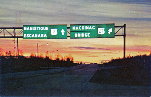 A color postcard view of the same sign as depicted on Opening Day views above, but this shows why the sign appeared to be "segmented": It was an internally lit sign! It is not clear whether there were other, similar signs elsewhere around the state at the time or if this was a unique installation. (1957)
