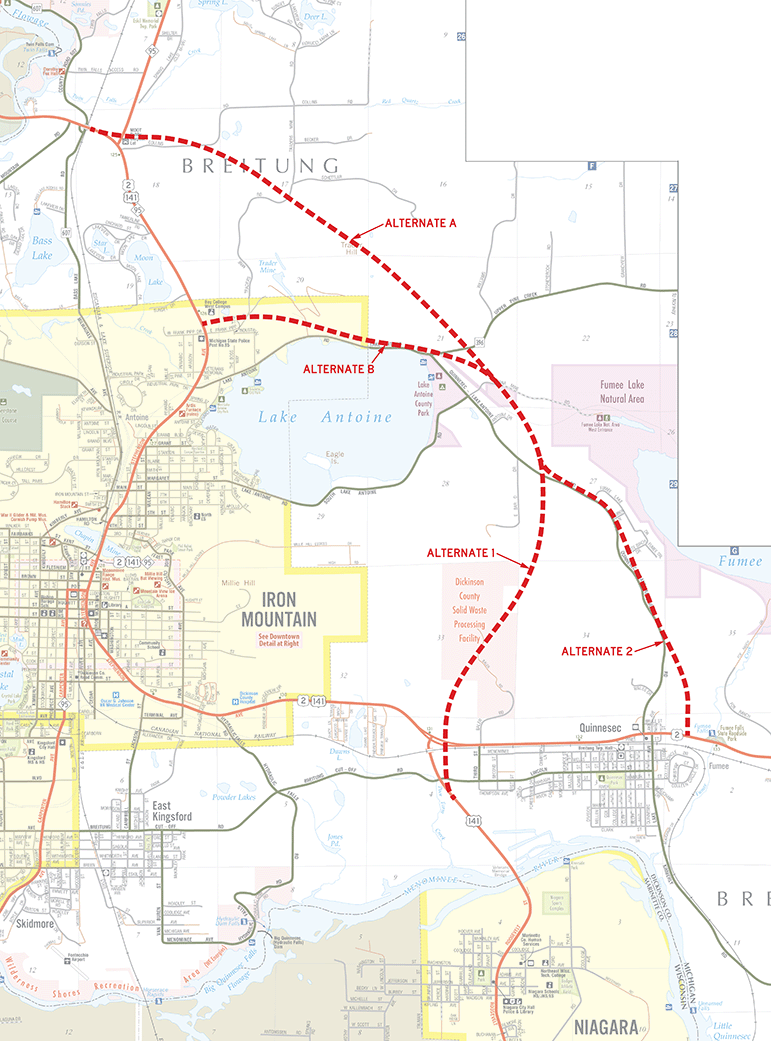 Iron Mountain Bypass Draft Alternatives map, 1994