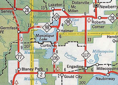 Snippet of 1958 Michigan Official Highway Map showing M-135