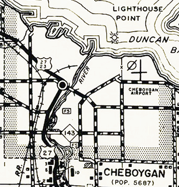 M-143 on a snippet of a 1956 Michigan State Highway Dept map of Cheboygan County