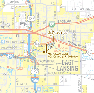 Former M-144 shown on a map of the East Lansing area.