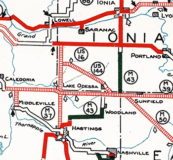 Proposed M-144 on a snippet of a 1930 Michigan State Highway Dept map