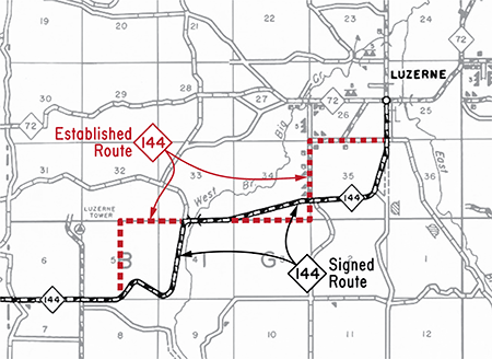 Map of established vs signed route of M-144 in Oscoda Co, 1940-1961.