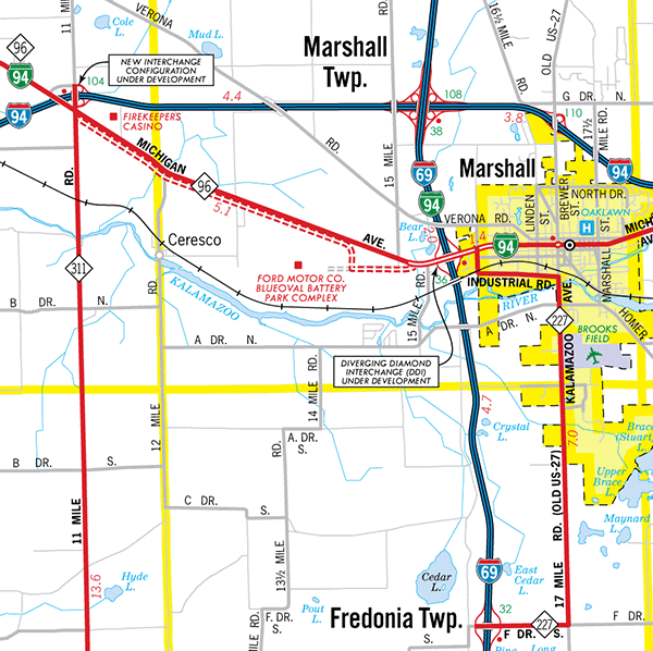 Map of M-96 in the Marshall area showing 2025 realigment.
