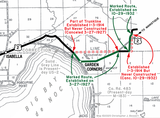 Map showing M-12 and US-2 routes from 1914 to 1932 in Eastern Delta County, Michigan near Garden Corners