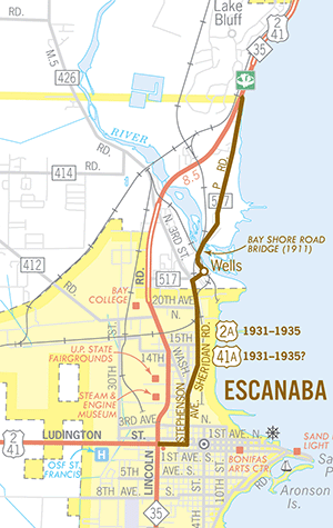 Route Map of US-2A and US-41A at Escanaba, 1931-1935