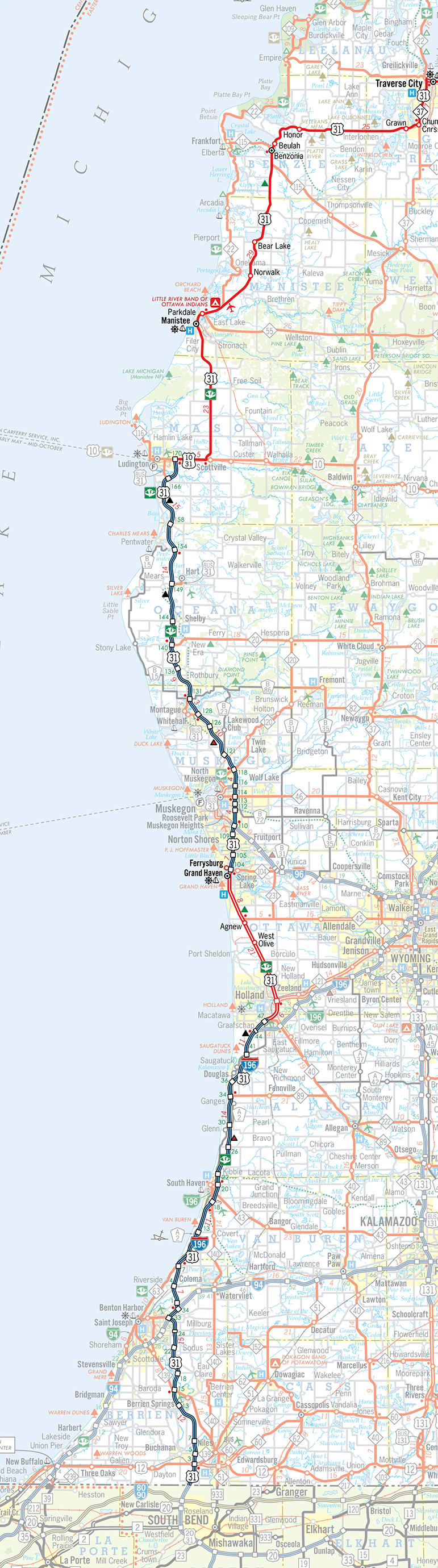 US-31 Route Map: South Portion (Traverse City–Indiana)