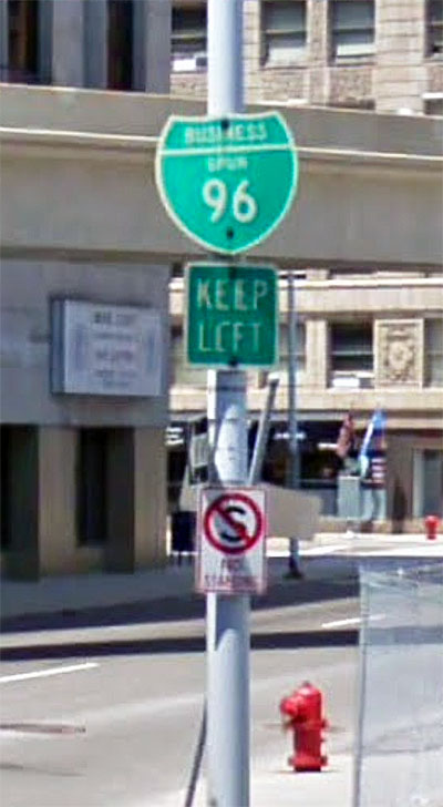 A remnant BS I-96 route marker on Clifford St in downtown Detroit in c.2010