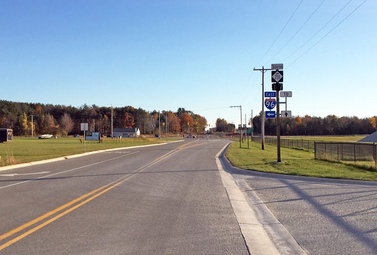View looking south along M-231 just feet away from its northern end, approaching M-104.